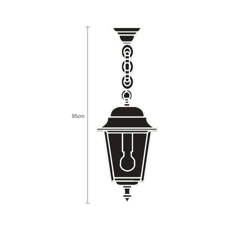 Coping Cast Aluminium Outdoor Pendant Light in black, 95cm hexagonal lantern with glass panes and domed roof, hung from a decorative chain on a plain white background.