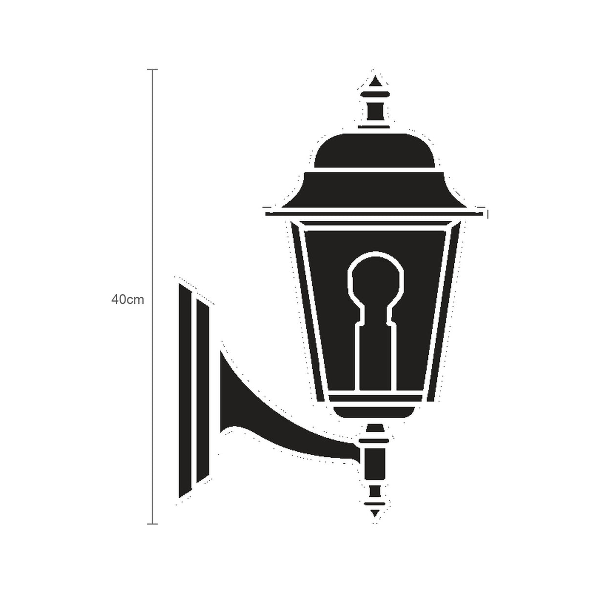 Coping cast aluminium outdoor wall lantern in black, 40cm, with domed roof, glass panes and cast wall bracket, shown on a plain white background with size marking.