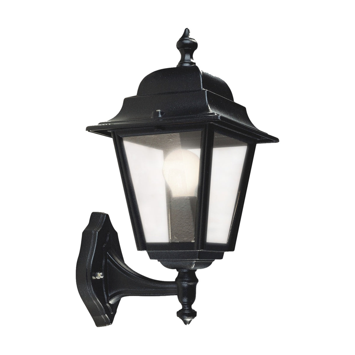 Coping cast aluminium outdoor wall lantern in black, 40cm, with smooth-domed roof, clear glass panes and an E27 bulb, mounted on a decorative wall bracket against a plain white background.