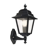 Coping cast aluminium outdoor wall lantern in black, 40cm, with smooth-domed roof, clear glass panes and an E27 bulb, mounted on a decorative wall bracket against a plain white background.