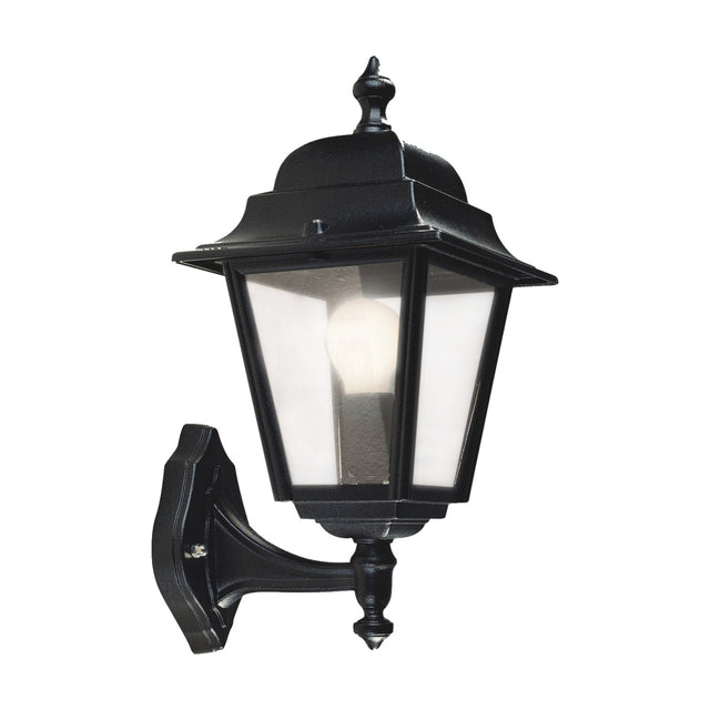 Coping cast aluminium outdoor wall lantern in black, 40cm, with smooth-domed roof, clear glass panes and an E27 bulb, mounted on a decorative wall bracket against a plain white background.