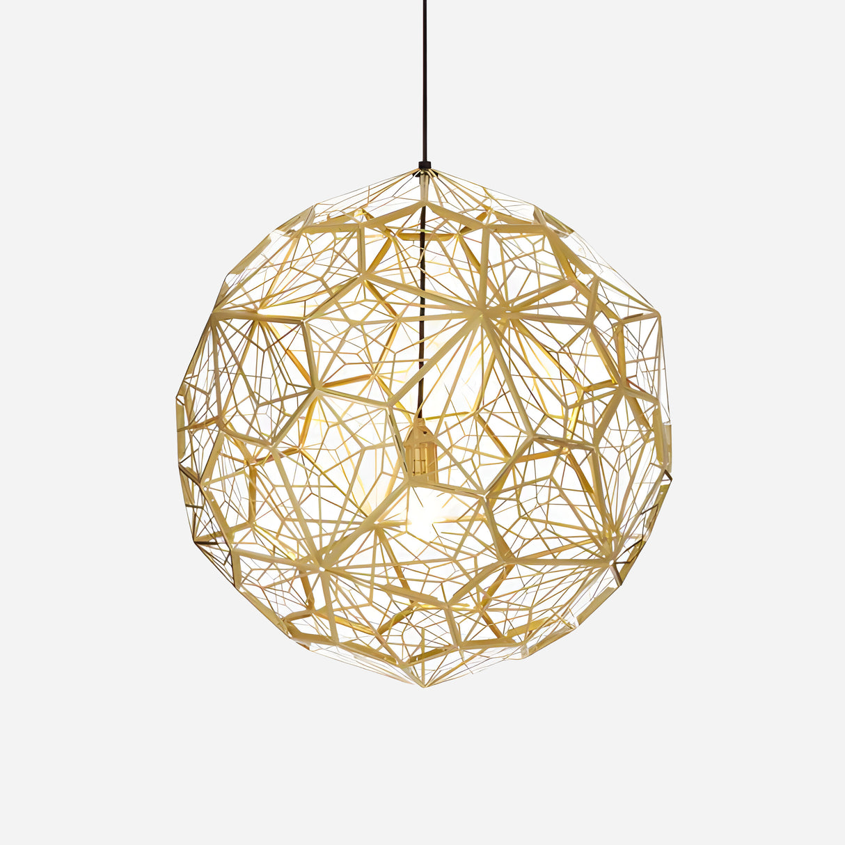 The Rango Acid Small Pendant Light in brass features a geometric, lattice-like design that adds an abstract and contemporary aesthetic with its gold metal finish. Its intricate pattern enhances the ambient lighting, hanging elegantly against a plain white background.