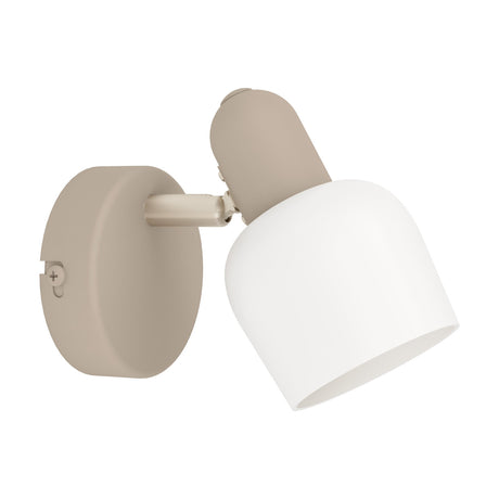 Corato wall spotlight with a round sand backplate, short satin nickel arm, and adjustable white glass dome shade, shown on a plain white background.