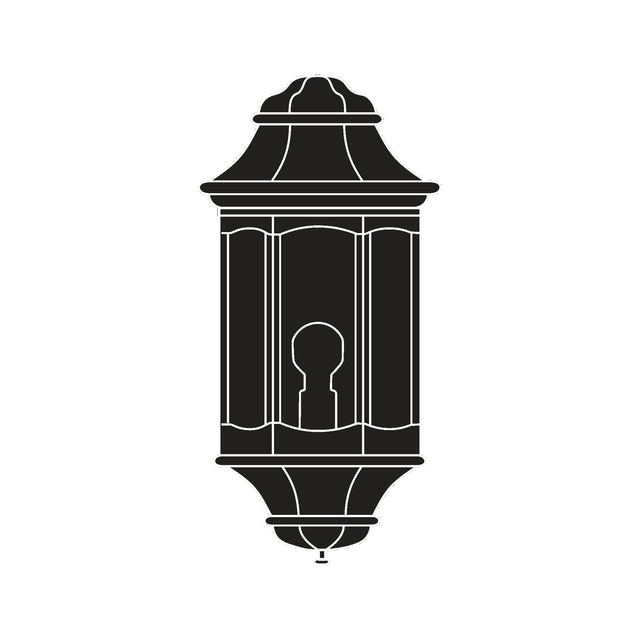 Corbel Small cast aluminium outdoor half lantern wall light in black, half-hexagonal design with single E27 fitting, shown as a flat icon on a white background.