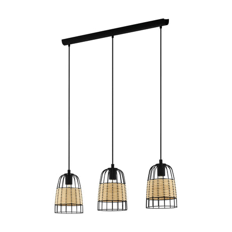 Corbena Rattan Linear Pendant Light in black, featuring a black steel ceiling bar with three cords suspending open wire cage shades wrapped in honey-toned rattan, shown on a white background.