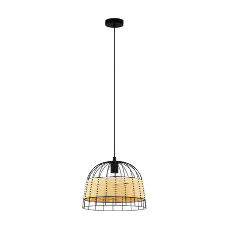 Corbena Rattan Pendant Light 37cm in black, a single-light fixture with a black steel wire dome cage wrapped in natural woven rattan, shown on a plain white background.