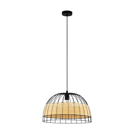 Corbena Rattan Pendant Light 50cm in Black, a domed black steel wire cage with woven natural rattan band, hung on a slim black cord with round ceiling canopy, shown on a plain white background.
