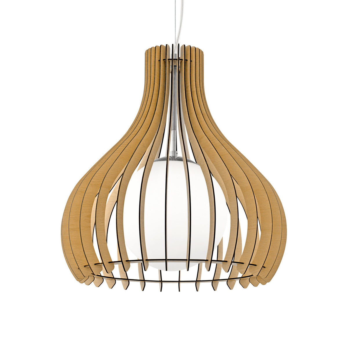Cormarne pendant light with a white glass globe encased in curved maple wood slats forming an onion-shaped cage, suspended from a satin nickel fitting against a plain white background.