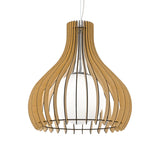 Cormarne pendant light with a white glass globe encased in curved maple wood slats forming an onion-shaped cage, suspended from a satin nickel fitting against a plain white background.