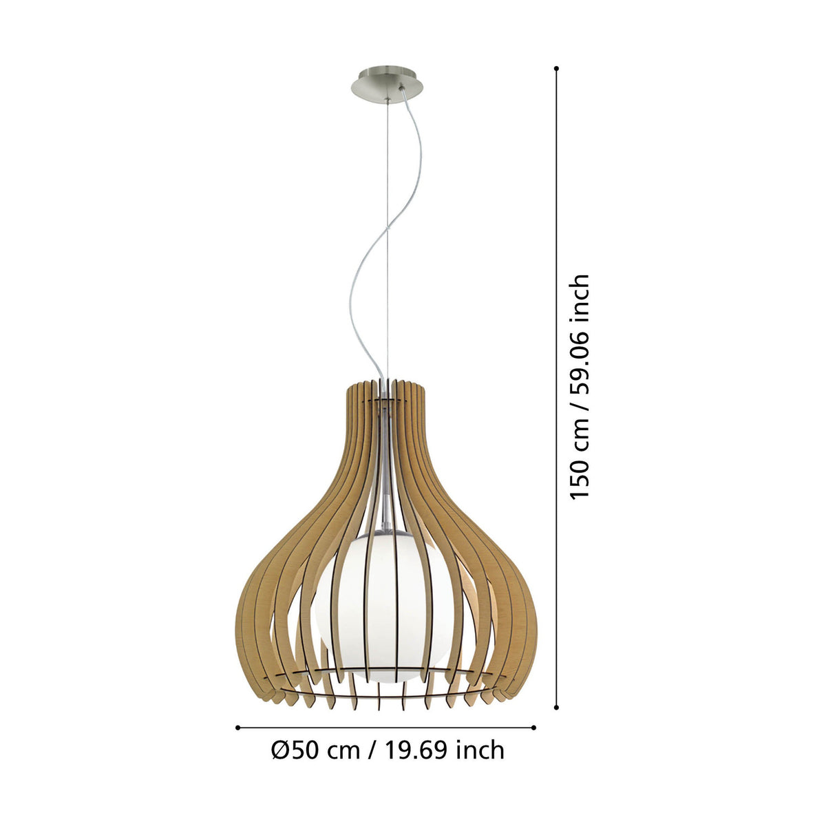 Cormarne pendant light with onion-shaped maple wood slat cage around a white glass globe, satin nickel ceiling rose, dimension diagram showing Ø50cm width and 150cm height on a white background.