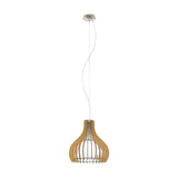 Cormarne pendant light with a white glass globe encased in curved maple wood slats forming an onion shape, suspended from a satin nickel ceiling rose on a white background.