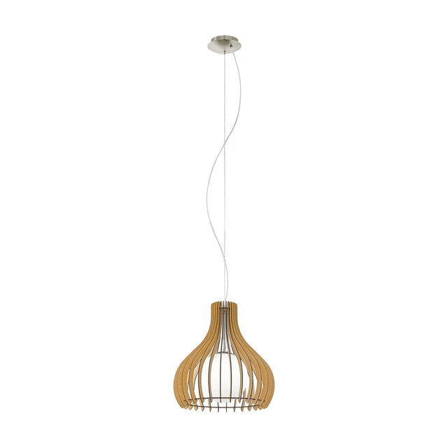 Cormarne pendant light with a white glass globe encased in curved maple wood slats forming an onion shape, suspended from a satin nickel ceiling rose on a white background.