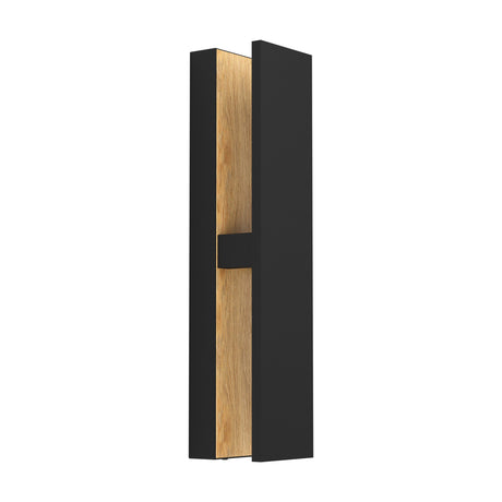 Costorio LED Outdoor Wall Light in black aluminium with a wood-grain brown backing strip, slim vertical panel joined by a black bridge, shown on a plain white background.