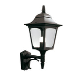 The Chapel 1 Light Outdoor Up Wall Lantern in black, made of durable die-cast aluminum, boasts a vintage design with a candle-style bulb and clear glass panels. Its IP44 rating makes it an ideal choice for exterior home lighting solutions.