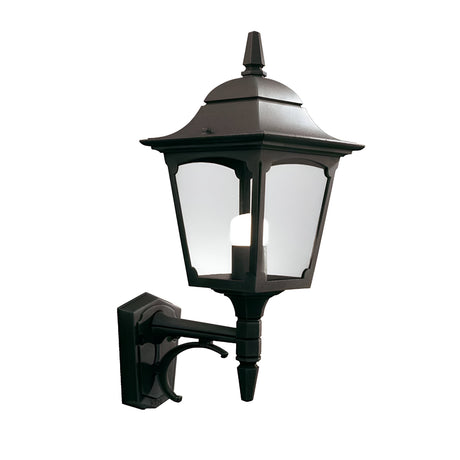 The Chapel 1 Light Outdoor Up Wall Lantern in black, made of durable die-cast aluminum, boasts a vintage design with a candle-style bulb and clear glass panels. Its IP44 rating makes it an ideal choice for exterior home lighting solutions.