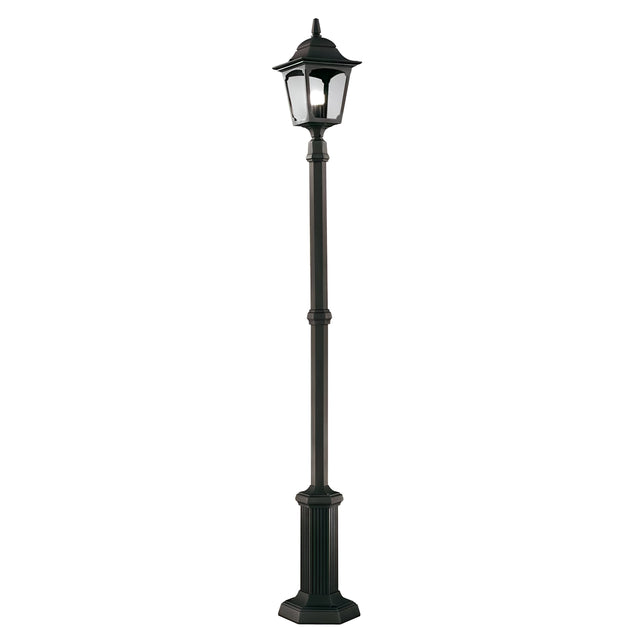 The Chapel 1 Light Lamp Post - Black features a decorative base and frosted glass panels, crafted from die-cast aluminum, and stands upright against a white background.