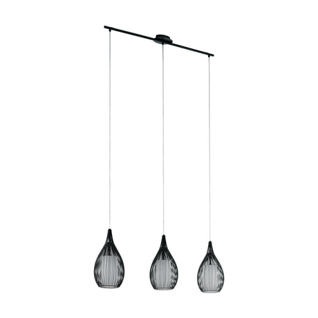 Cravessa Glass Linear Pendant Light in black, featuring three teardrop-shaped wire cage shades suspended from a slim black ceiling bar, shown on a plain white background.