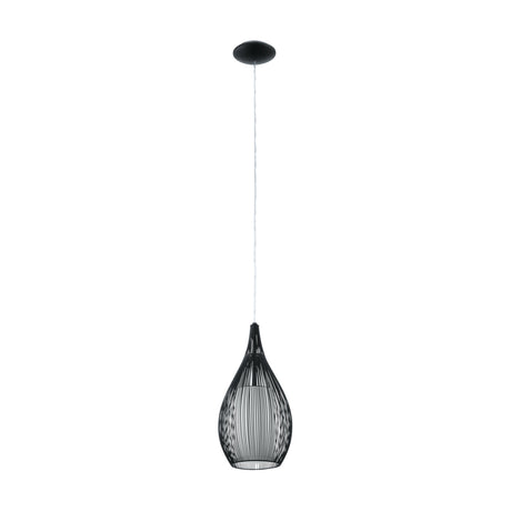 Cravessa 19cm black pendant light with teardrop-shaped steel wire cage, white satin glass shade inside, round black ceiling rose, shown on a plain white background.