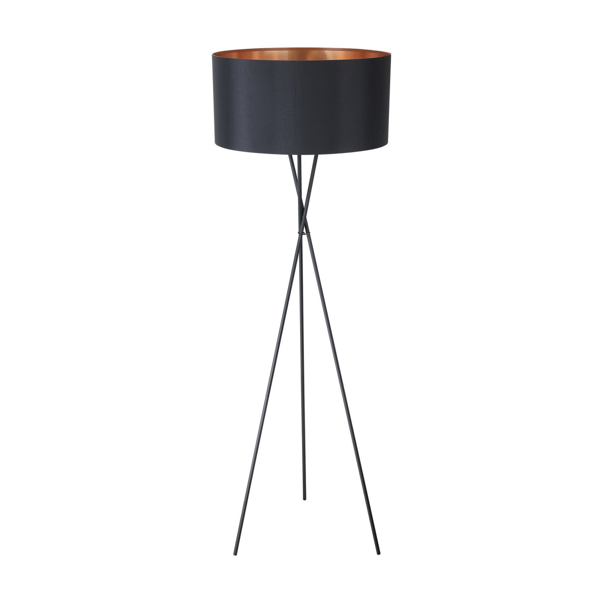 Crelvane Floor Lamp in black, a tall tripod design with slim crossed steel legs beneath a wide black fabric drum shade lined in copper, shown on a plain white background.