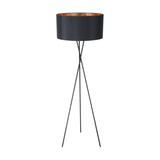 Crelvane Floor Lamp in black, a tall tripod design with slim crossed steel legs beneath a wide black fabric drum shade lined in copper, shown on a plain white background.