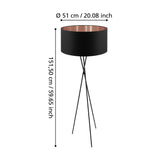 Crelvane Floor Lamp in black with tripod steel legs and a wide fabric drum shade lined in copper, shown with dimensions: 51cm diameter, 151.5cm height, on a white background.