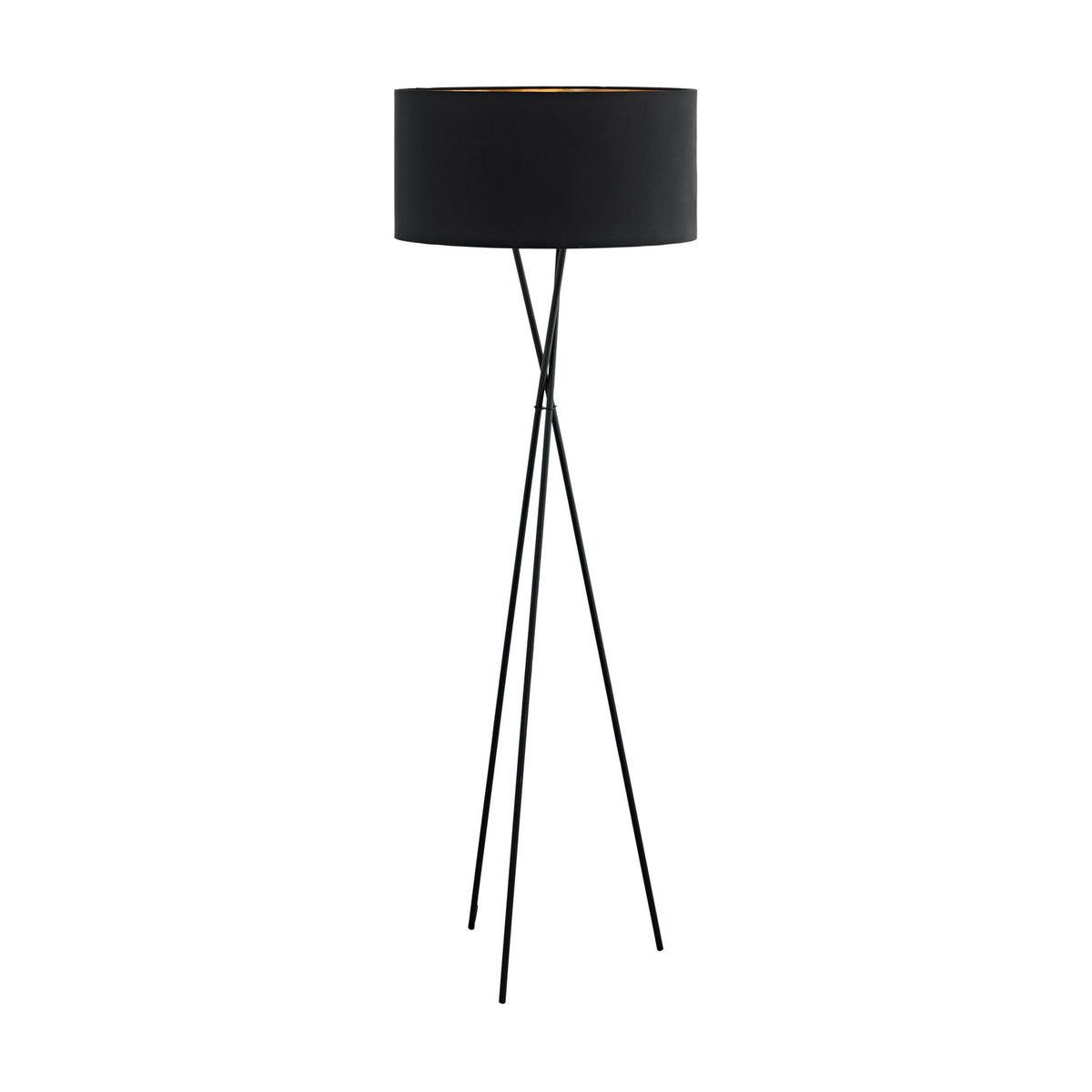 Crelvane Floor Lamp in black, featuring a tripod base of slim crossed steel legs beneath a wide fabric drum shade with a copper-lined interior, shown on a plain white background.