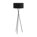 Crelvane Floor Lamp in black, featuring a tripod base of slim crossed steel legs beneath a wide fabric drum shade with a copper-lined interior, shown on a plain white background.