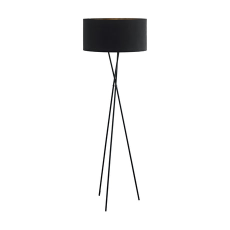 Crelvane Floor Lamp in black, featuring a tripod base of slim crossed steel legs beneath a wide fabric drum shade with a copper-lined interior, shown on a plain white background.