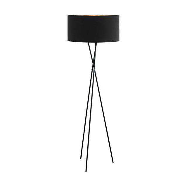 Crelvane Floor Lamp in black, featuring a tripod base of slim crossed steel legs beneath a wide fabric drum shade with a copper-lined interior, shown on a plain white background.