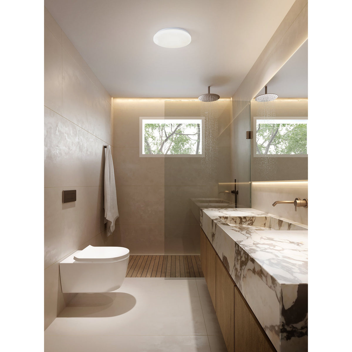 Round flush LED ceiling light with white steel body and crystal-effect diffuser, shown fitted in a modern bathroom above a marble vanity and walk-in shower.