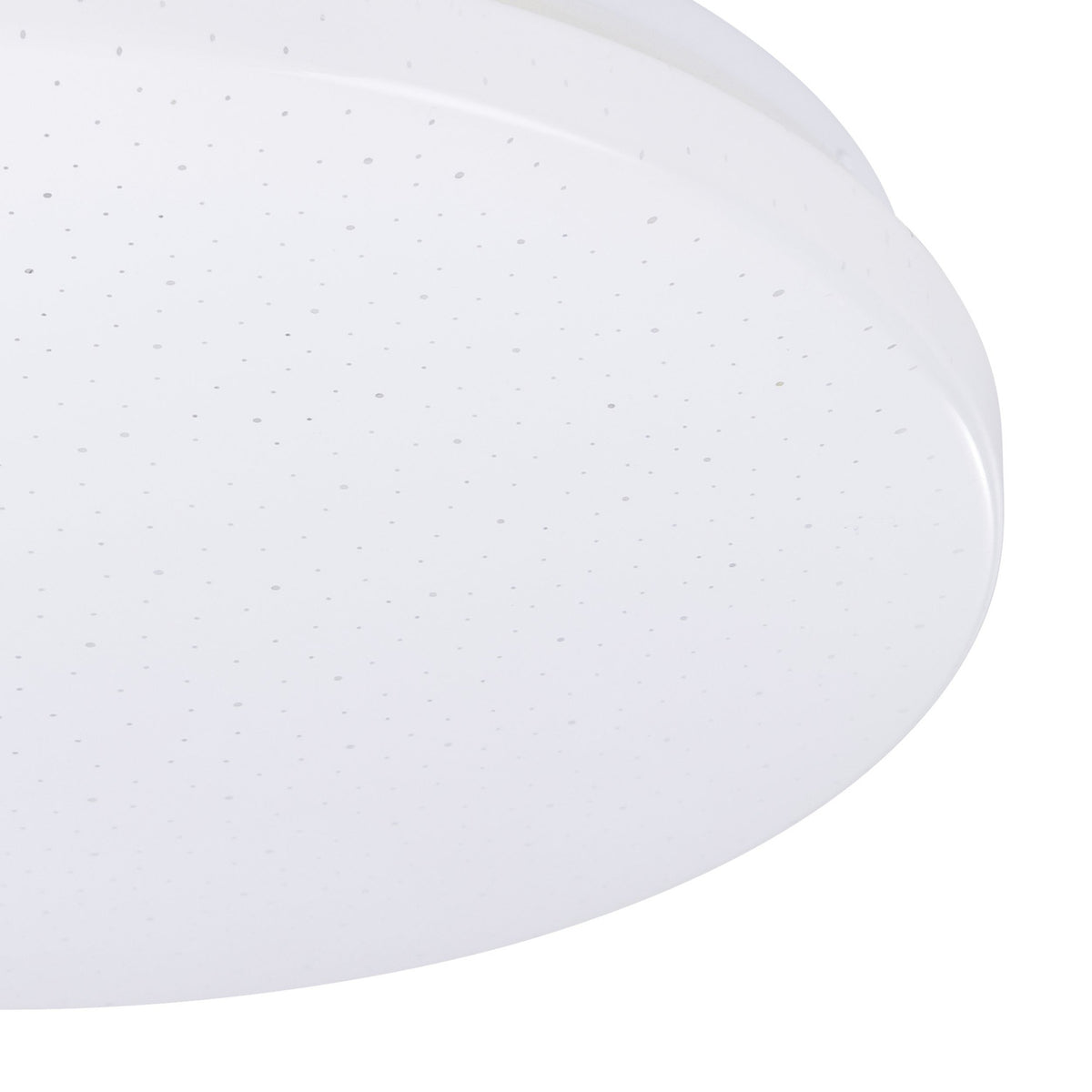 Close-up of the Crelvette round flush LED ceiling light, showing the white plastic diffuser with a crystal effect sparkle finish and white steel body edge.