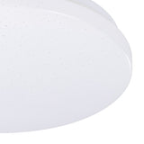 Close-up of the Crelvette round flush LED ceiling light, showing the white plastic diffuser with a crystal effect sparkle finish and white steel body edge.