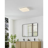 Square white LED bathroom ceiling light with crystal effect diffuser, mounted flush on a ceiling above a bathroom vanity and mirror.