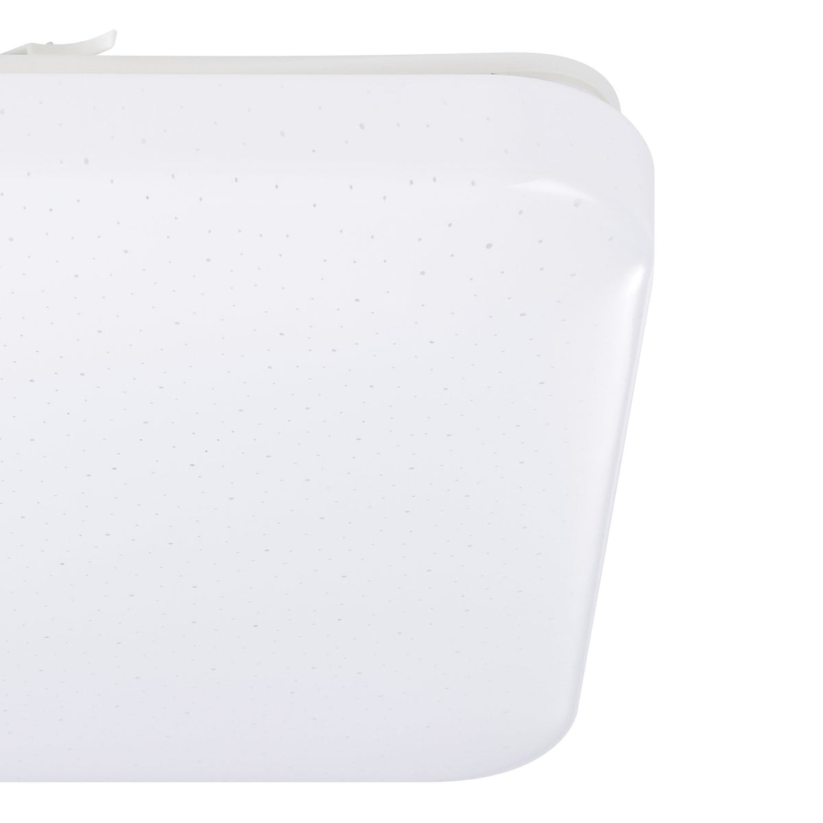 Close-up of the Crelvette square LED bathroom ceiling light's rounded corner, showing the white plastic diffuser with crystal effect sparkle finish against a plain white background.