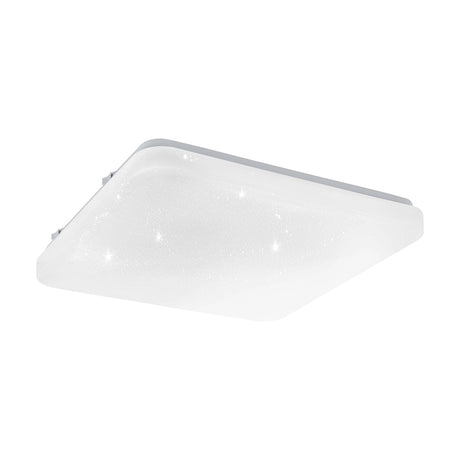 Crelvette square LED ceiling panel light, 28 x 28cm, white steel body with crystal-effect plastic diffuser and rounded corners, shown on a plain white background.