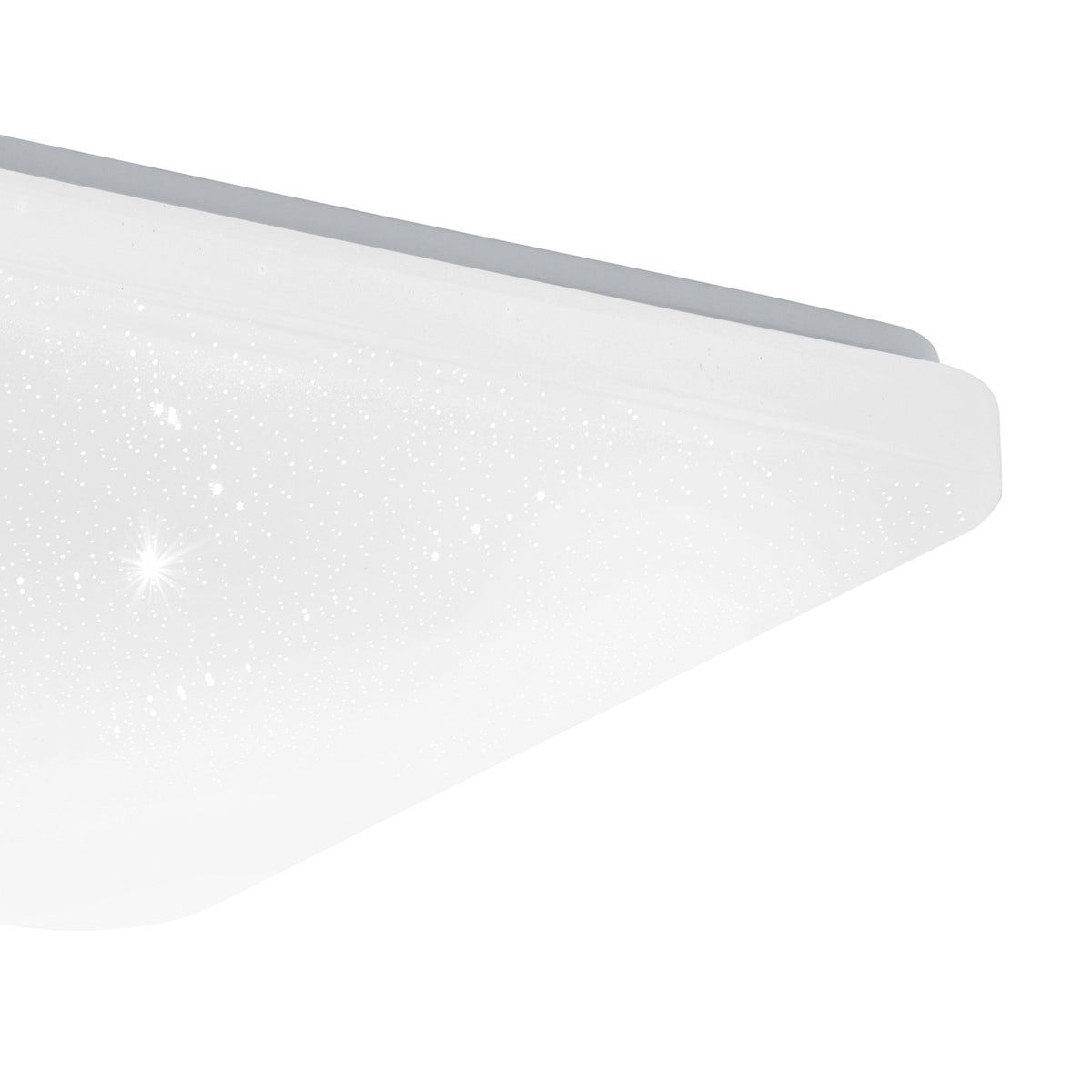 Close-up corner view of the Crelvette 33 x 33cm square LED ceiling panel light with white steel body and crystal-effect diffuser, shown on a plain white background.