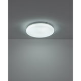 Crelvette LED Bathroom Ceiling Light 31cm in white, round flush fitting with plastic diffuser glowing on a grey ceiling, IP44 rated, shown installed in a plain room setting.