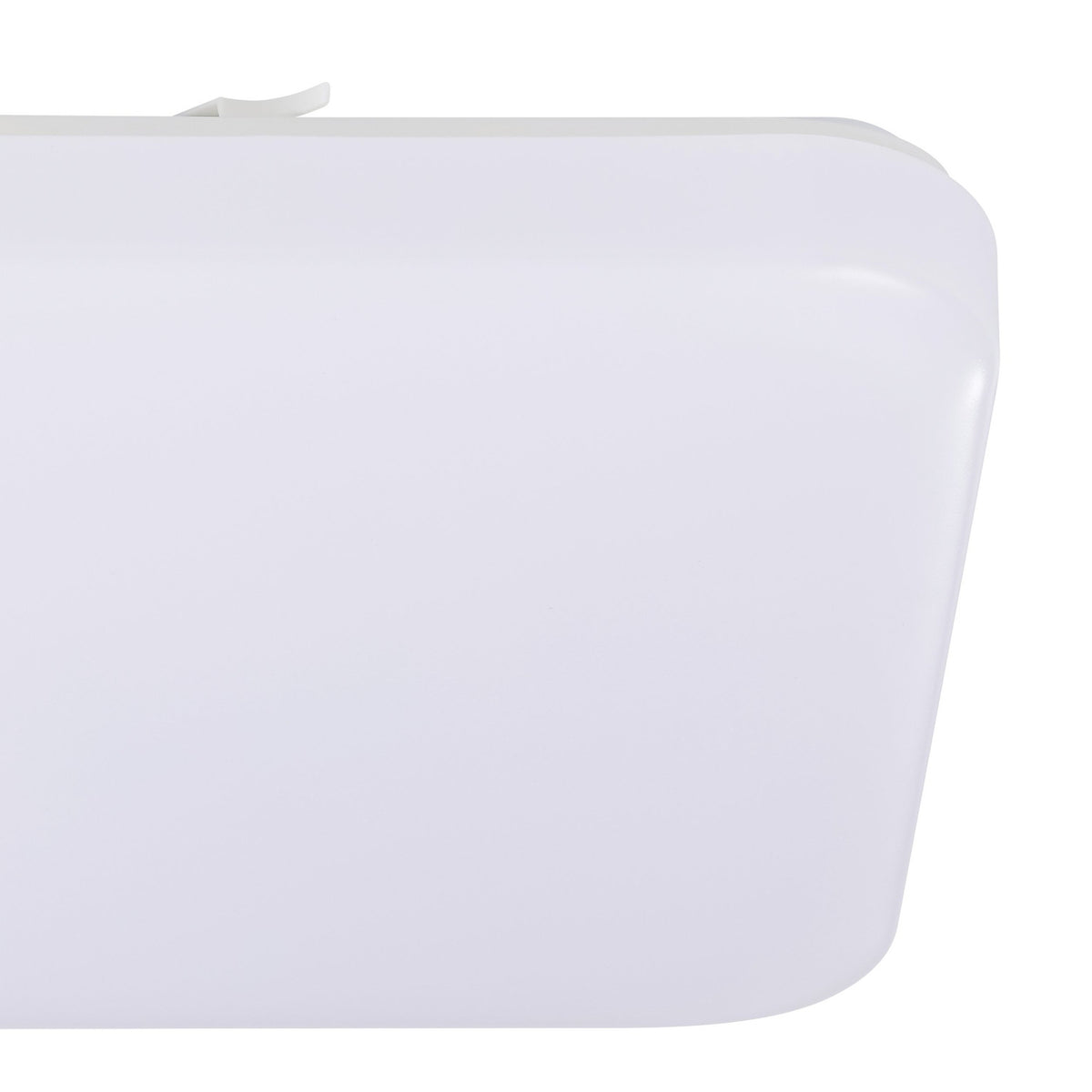 Close-up of the Crelvette LED Bathroom Ceiling Light, square with softly rounded corners, white steel body and white plastic diffuser, shown against a plain white background.