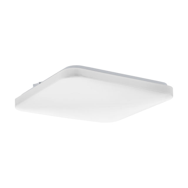 Crelvette LED Bathroom Ceiling Light, a square 33 x 33 x 6cm fixture with a white steel body and softly rounded white plastic diffuser, shown at an angle on a plain white background.