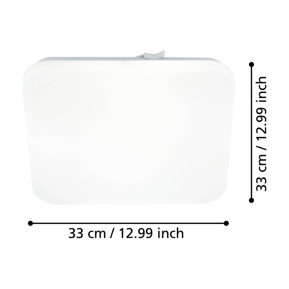 Crelvette LED Bathroom Ceiling Light, square white flush fixture with rounded corners and opal diffuser, shown with dimension markers reading 33 x 33cm on a plain white background.