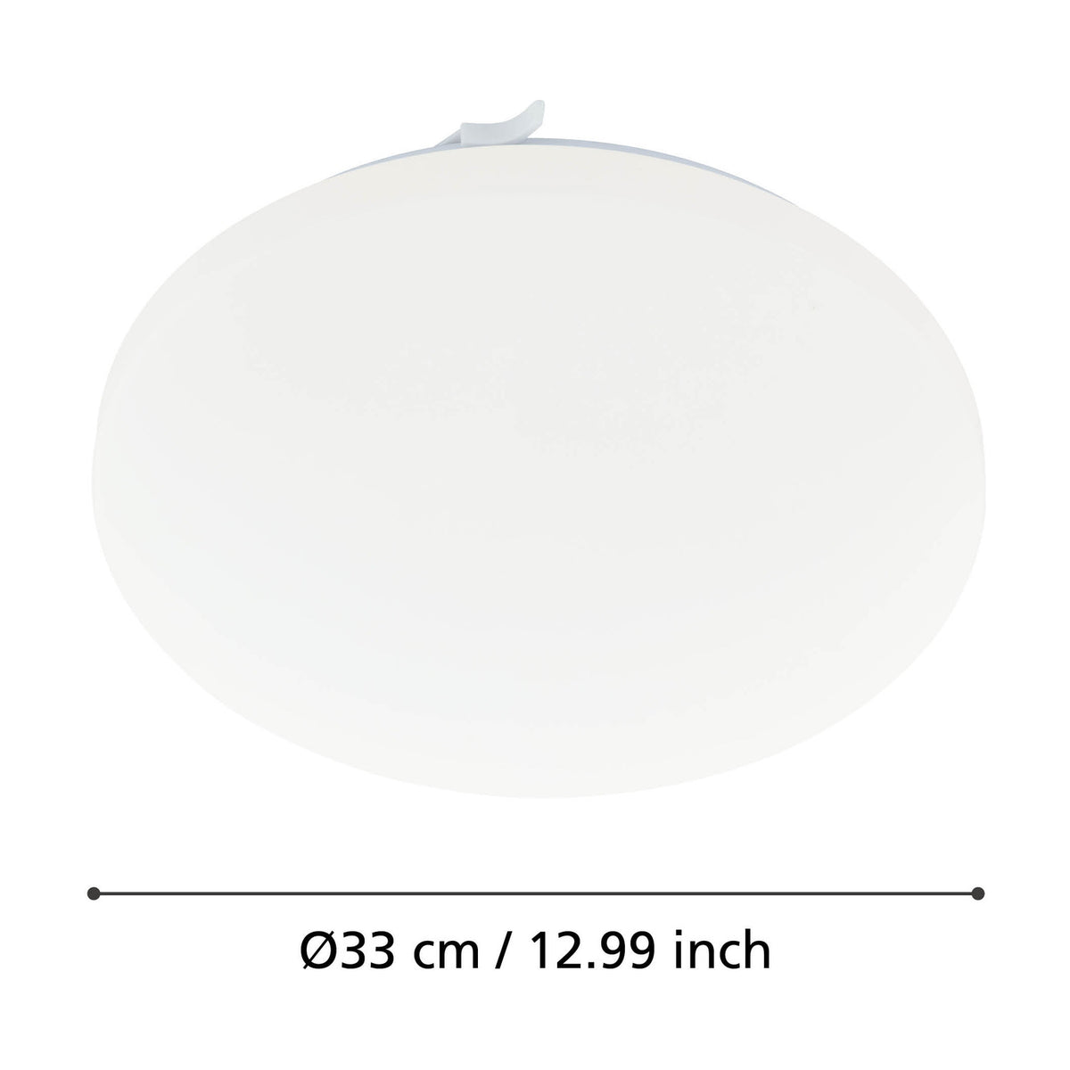 Crelvette round LED flush ceiling light in white, 33cm diameter with opal plastic diffuser and steel body, shown on a white background with size dimension line.