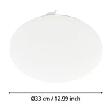 Crelvette round LED flush ceiling light in white, 33cm diameter with opal plastic diffuser and steel body, shown on a white background with size dimension line.
