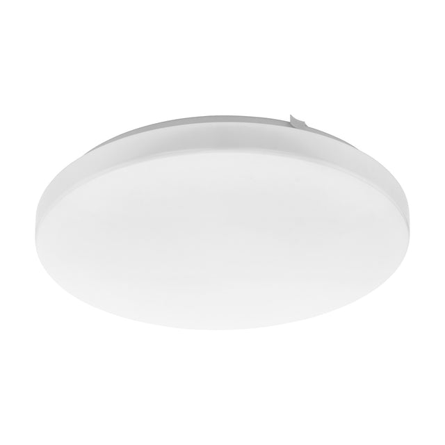 Crelvette round LED flush ceiling light, 33cm, white steel body with opal plastic diffuser, integrated warm white LED, shown on a plain white background.