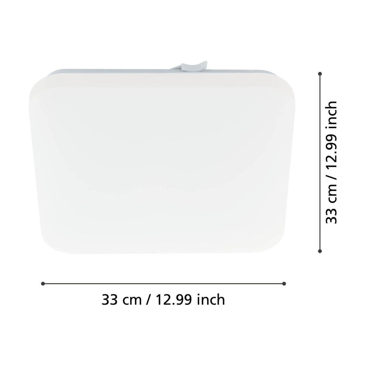 Crelvette square LED ceiling panel light in white, with rounded plastic diffuser and steel body, shown with 33 x 33cm dimensions on a plain white background.