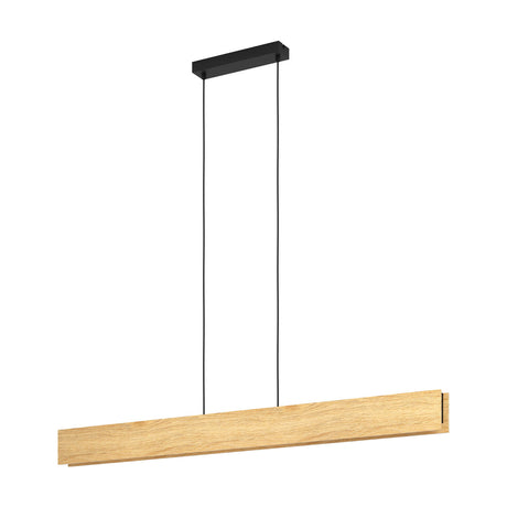 Crilmena Smart Colour Changing Pendant Light in a long slim brown wood-effect bar design, suspended on two black cables from a black ceiling canopy against a plain white background.