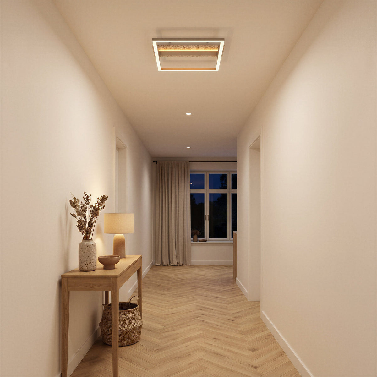 Crispieri square LED flush ceiling light with grey stone-effect centre bar and taupe trim, illuminated above a hallway with wooden flooring.