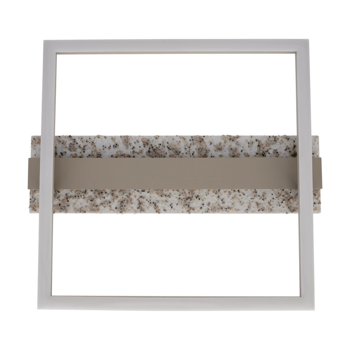 Crispieri square LED flush ceiling light with a white open square frame and a central grey stone-effect bar with taupe band, steel body, shown on a plain white background.