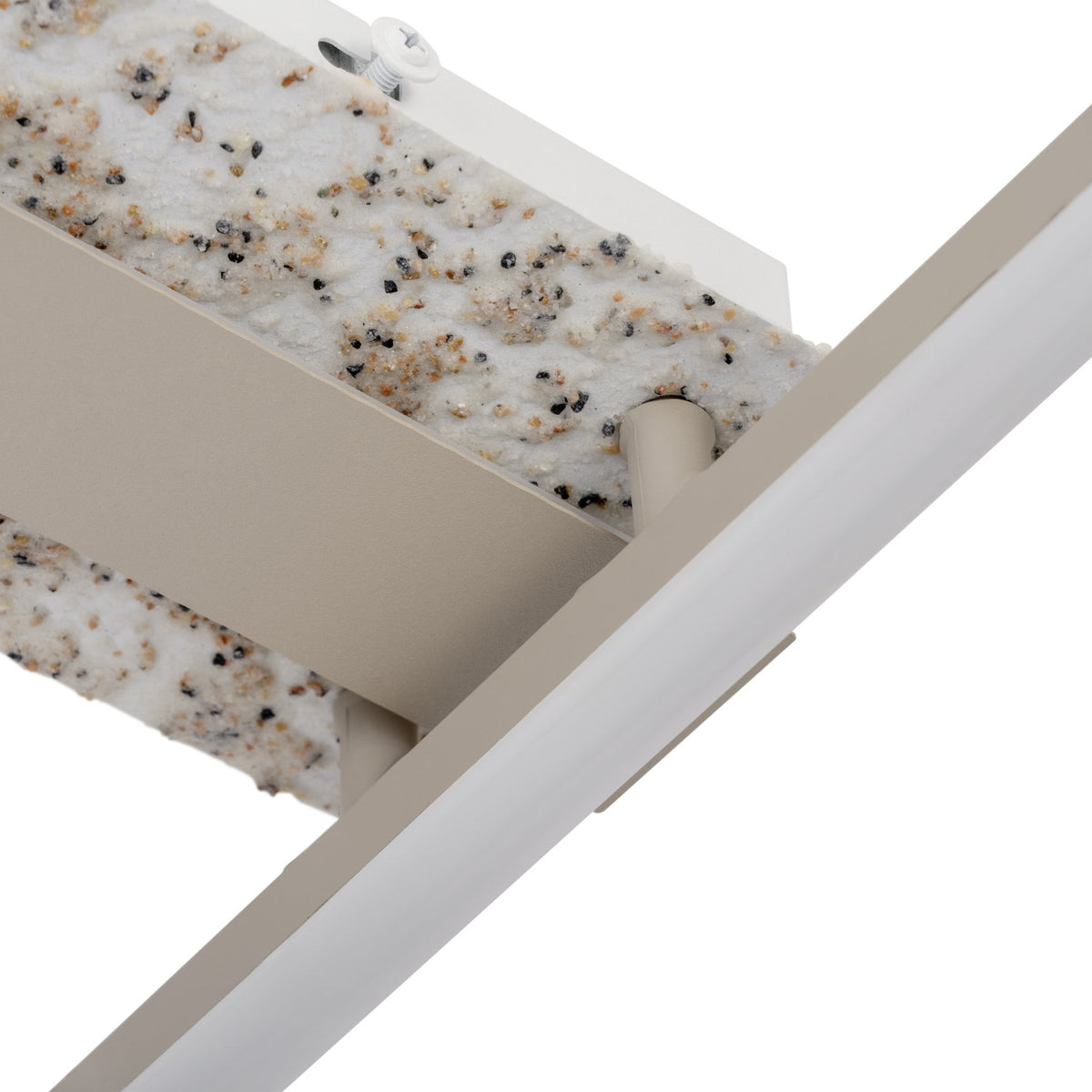 Close-up of the Crispieri square LED flush ceiling light, showing the taupe steel frame, white diffuser edge, and central grey stone-effect bar with a screw fitting.