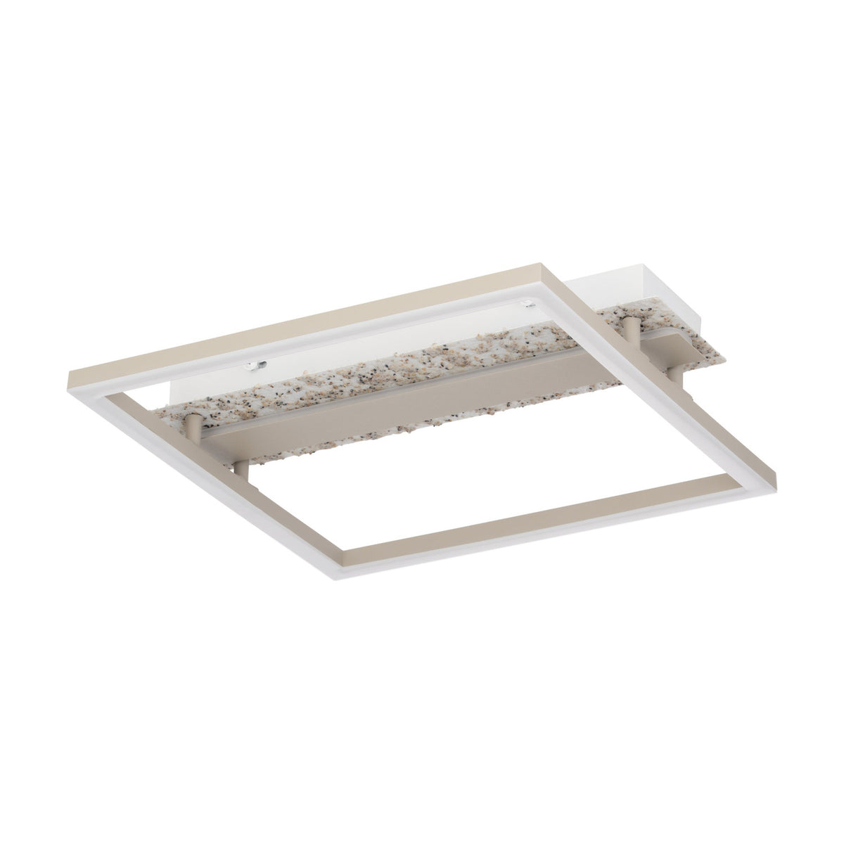 Crispieri square LED flush ceiling light with a slim open taupe frame, white diffuser, and central grey stone-effect bar, steel body, shown on a plain white background.