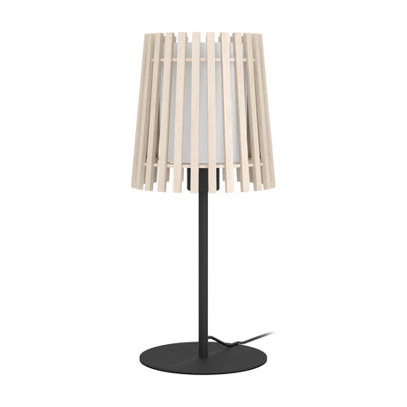 Crolenne Table Lamp in black with a slim steel stem, round base, and tapered pale wooden slat shade over a white fabric inner shade, shown on a plain white background.